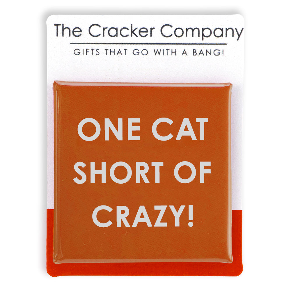 One Cat Short of Crazy! | Funny 38mm Square Pin Badge | Cracker Filler Gift