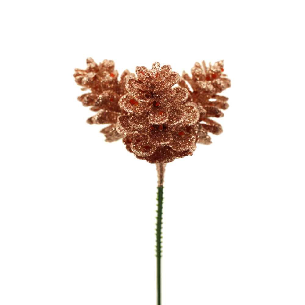 19cm Glittered Pinecone Floristry Pick | Rose Gold