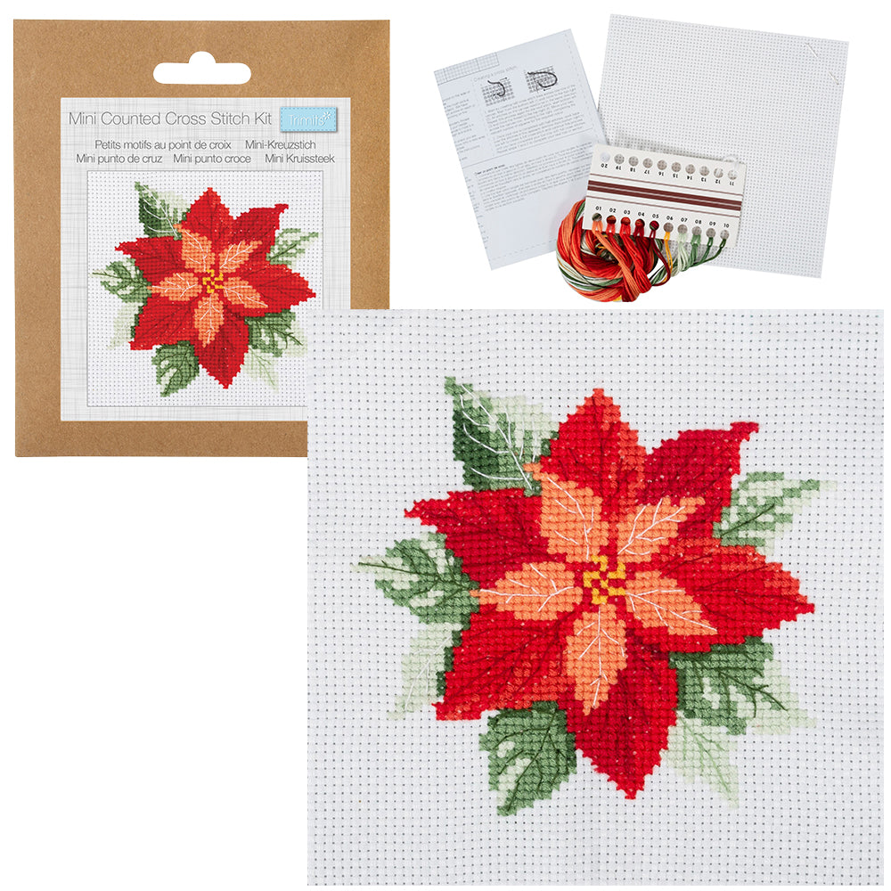 Christmas Poinsettia | Mini Counted Cross Stitch Kit | 13cm Square