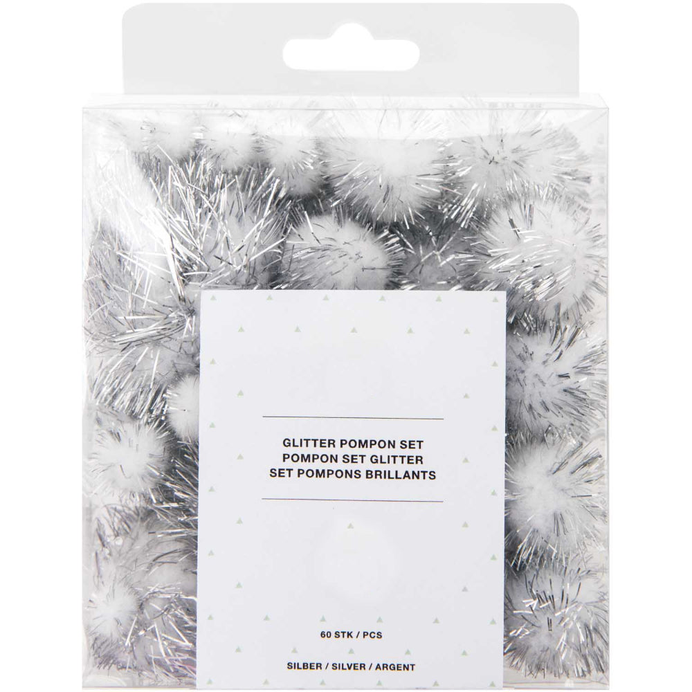 60 Tinsel Craft Pom Poms - Silver Glitter (10 to 45mm)