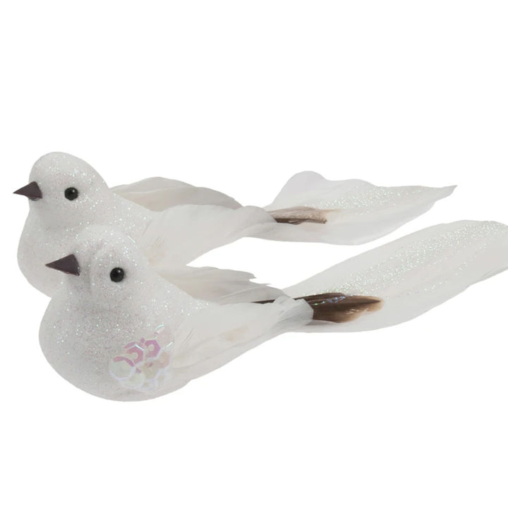 2 White Dove Glitter & Feather Wired Bird Christmas Tree Decorations