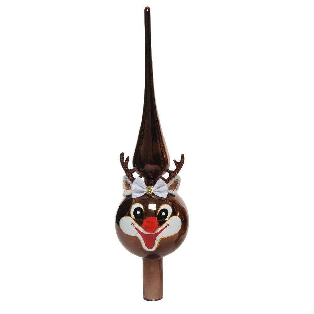 31cm Real Glass Reindeer Tree Topper | Brown | Christmas Decoration