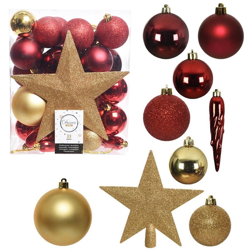 33 Piece Shatterproof Baubles | Red & Gold | Assorted Selection