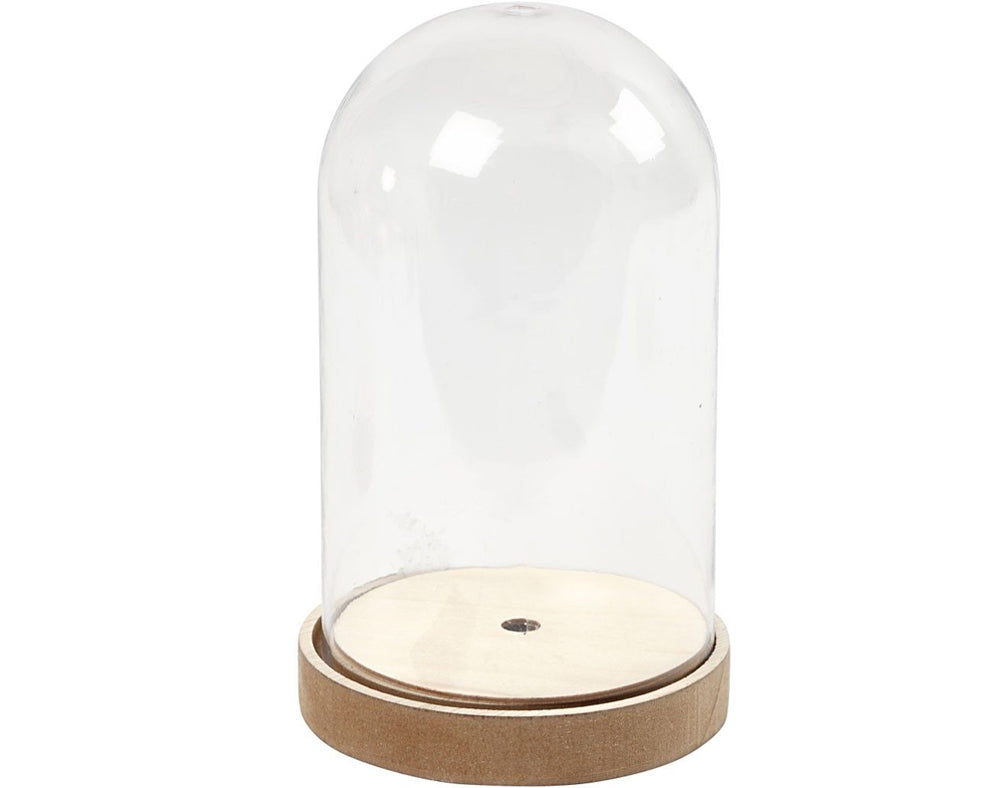 Plastic Bell Jar Cloche on Wooden Stand & LED Lights for Crafts - Choice of Sizes