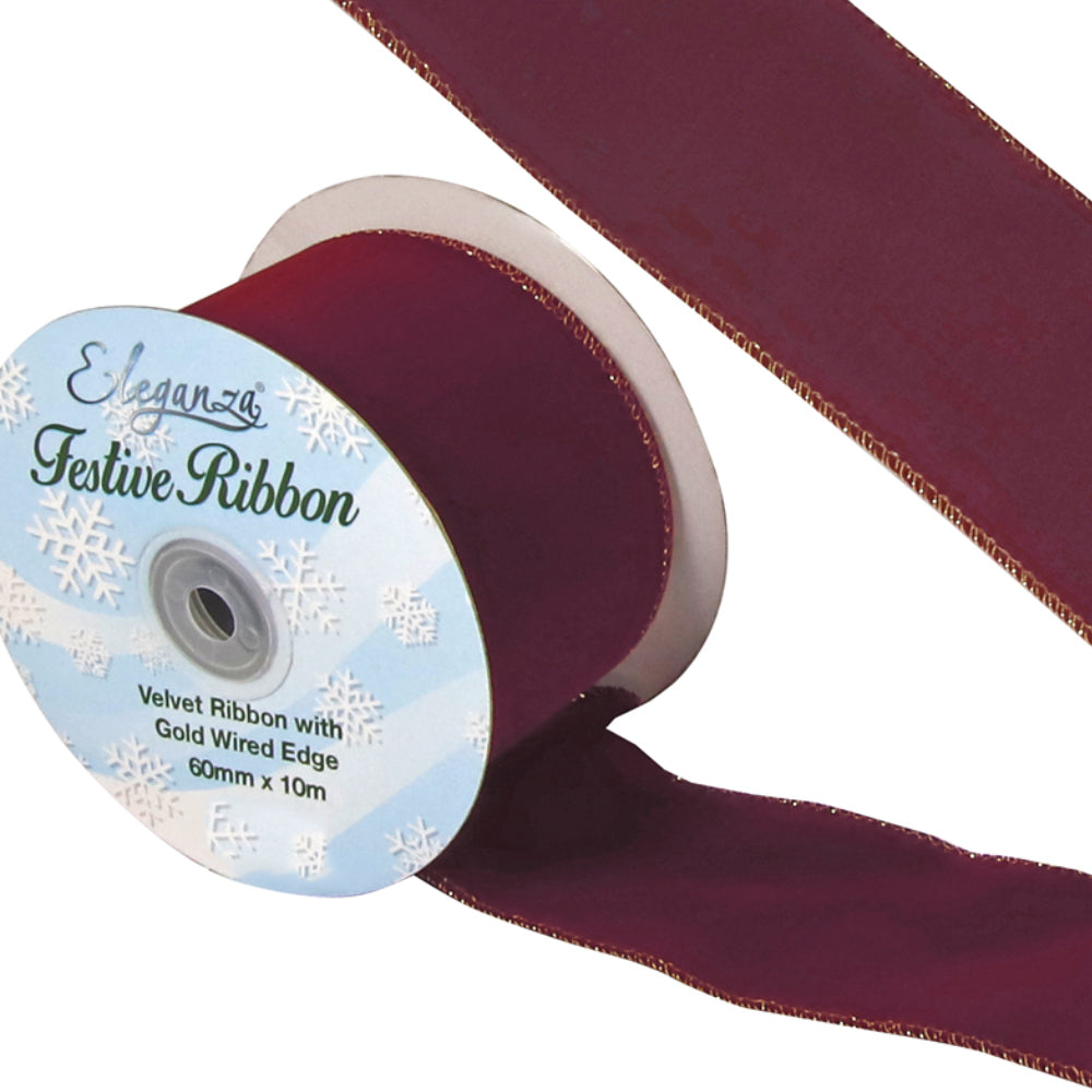 10m 60mm Burgundy Velvet Wired Edge Ribbon for Christmas Floristry Crafts
