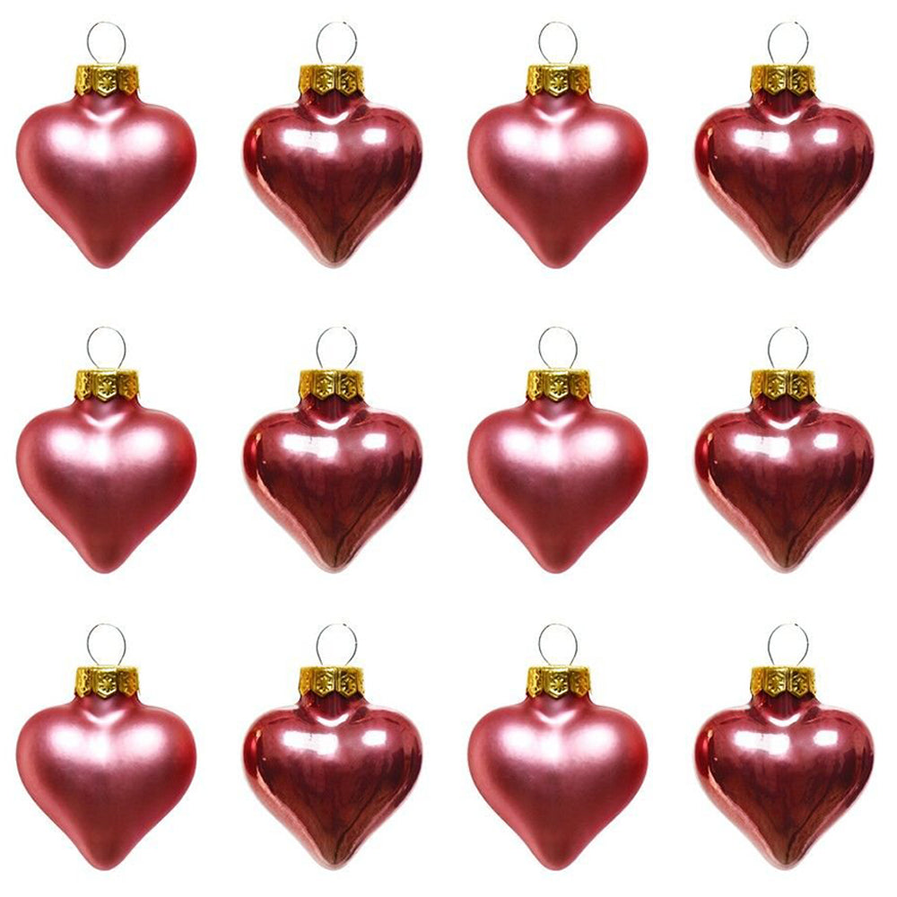 12Pk 4cm Real Glass Pink Heart Shaped Baubles | Christmas Tree Ornament