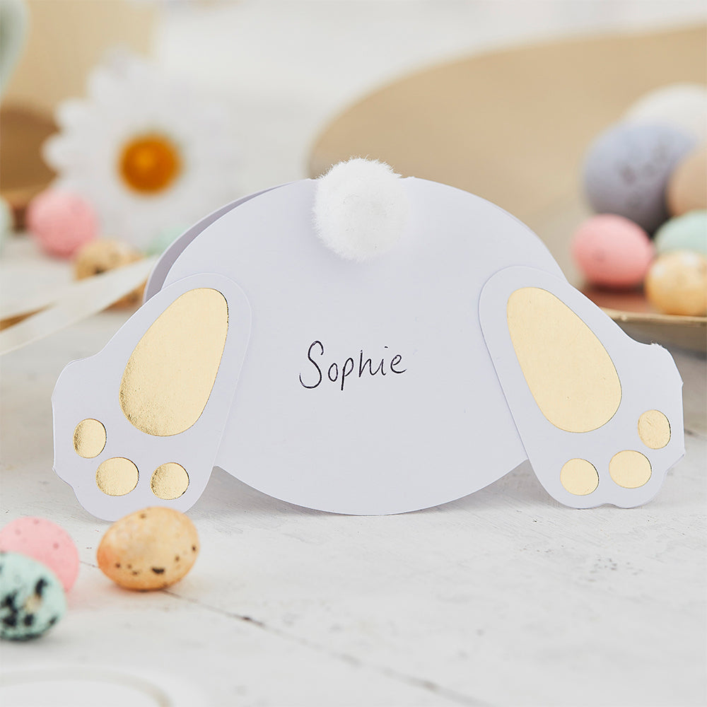 6 Hippity Hop Gold Foil Bunny Pom Pom Tail Placecards for Easter Parties