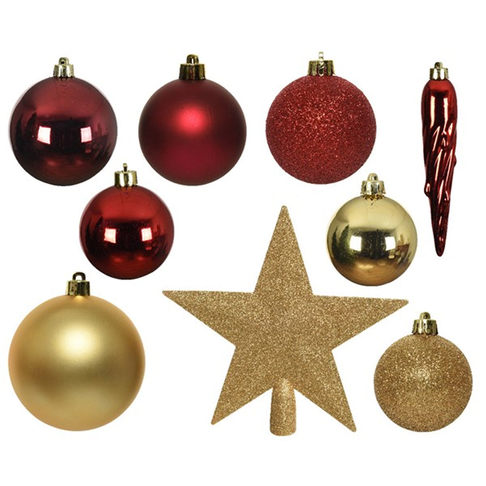 33 Piece Shatterproof Baubles | Red & Gold | Assorted Selection