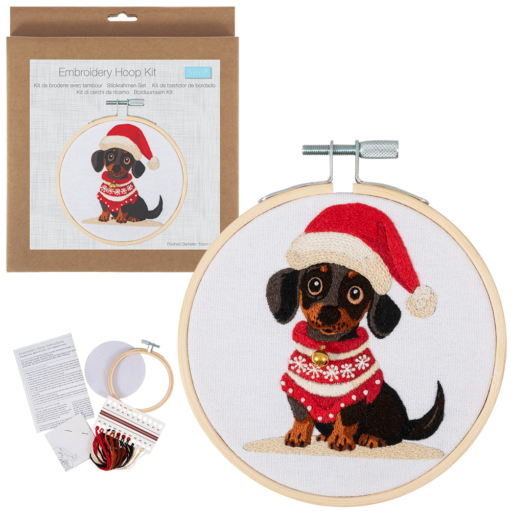 Christmas Dachshund | Complete Embroidery Kit with Hoop | 10cm Wide