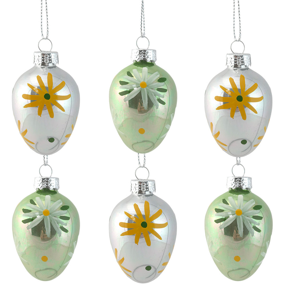 Daisy Green & Silver Shiny Eggs | 6 Glass Hanging Easter Tree Decorations | 6cm