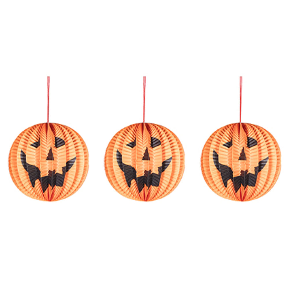 Orange | Hanging Paper Pumpkin Decorations | 3 Pack | 10cm Wide