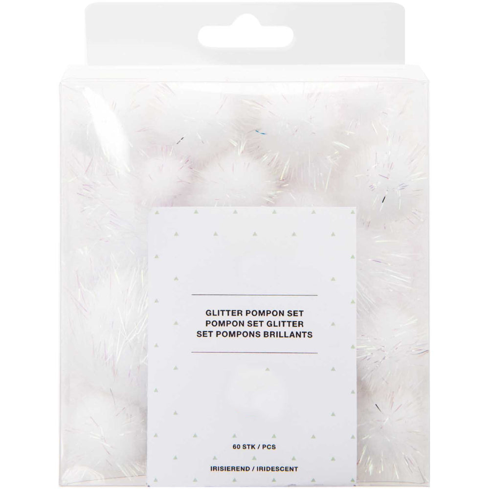 60 Tinsel Craft Pom Poms - Iridescent White Glitter (10 to 45mm)