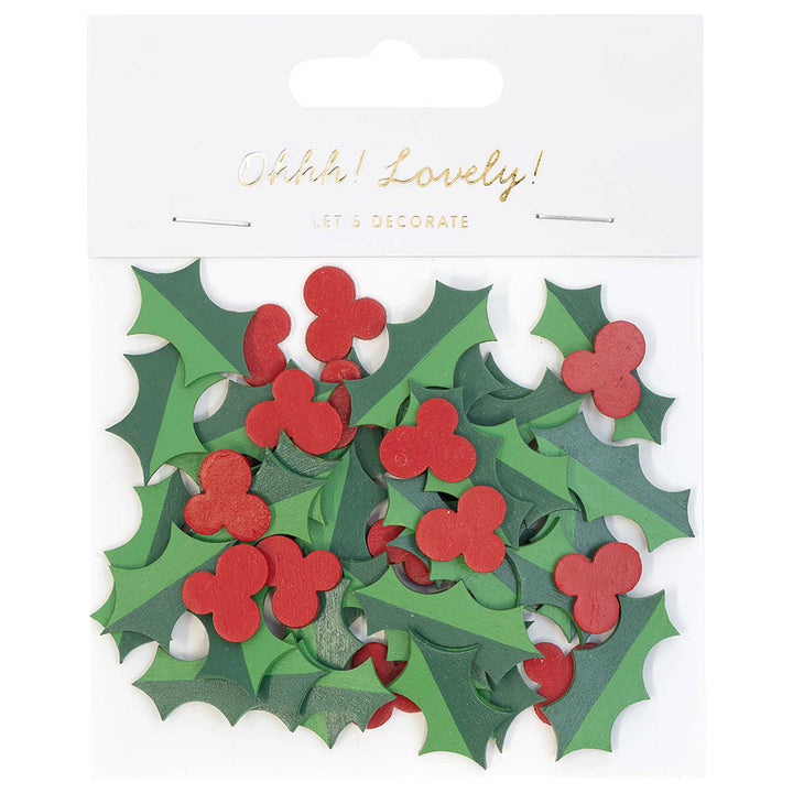 Holly &amp; Berries | Wooden Papercraft Embellishments | 3cm Long | 48 Pieces