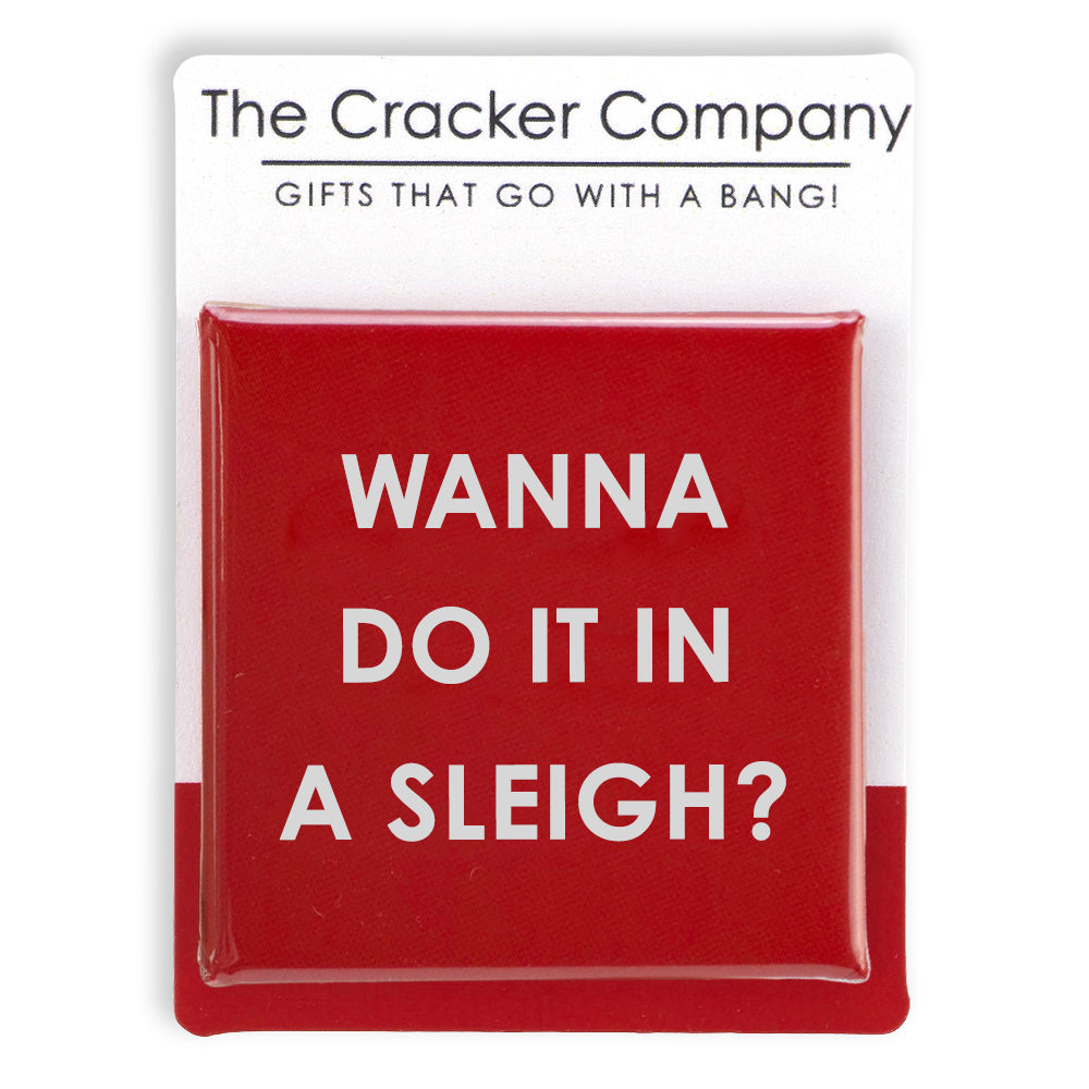 Wanna Do It In a Sleigh? | 38mm Square Pin Badge | Christmas Cracker Filler