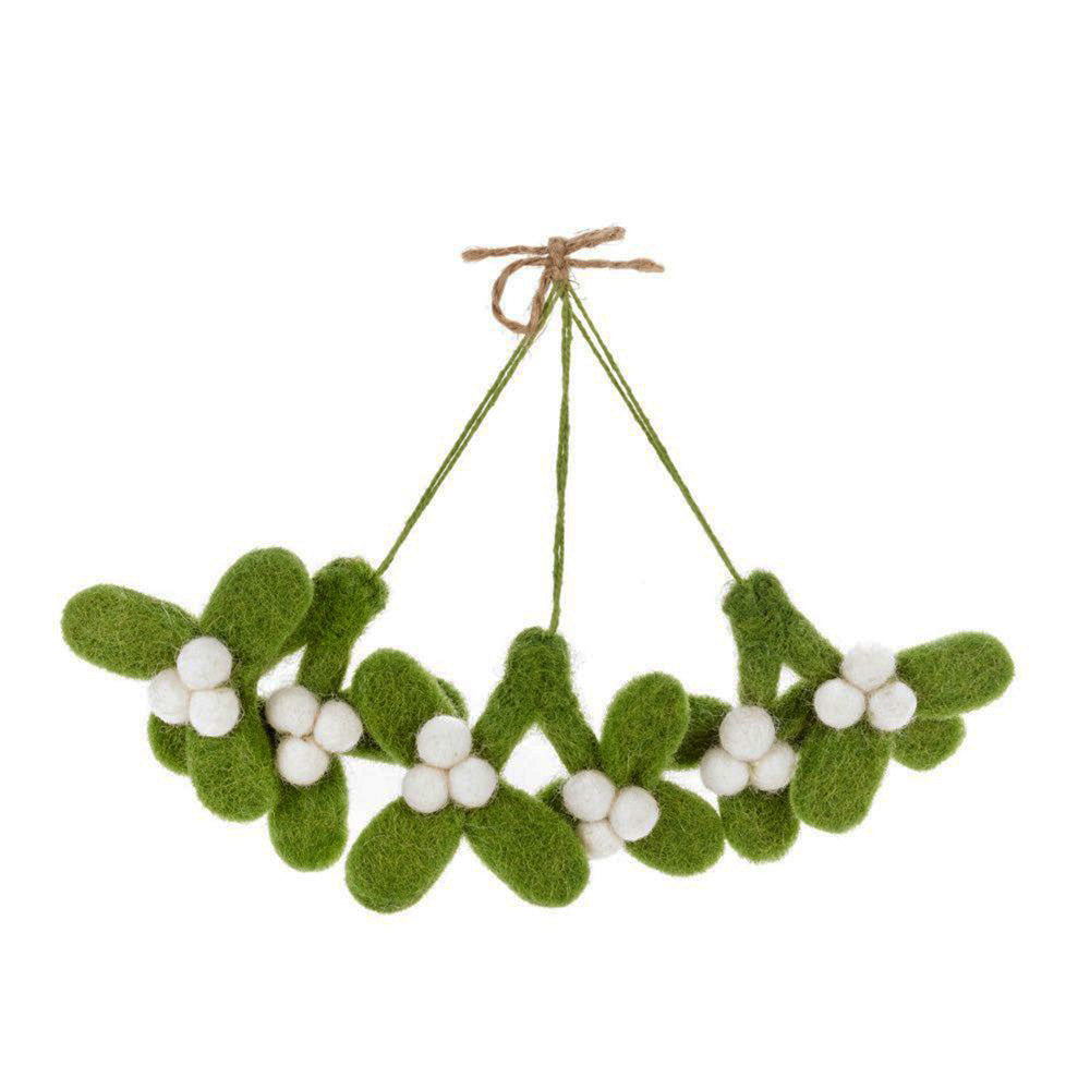 Set of 3 | 7cm Hand Felted Mistletoe Sprigs | Christmas Tree Decoration | Fairtrade Felt