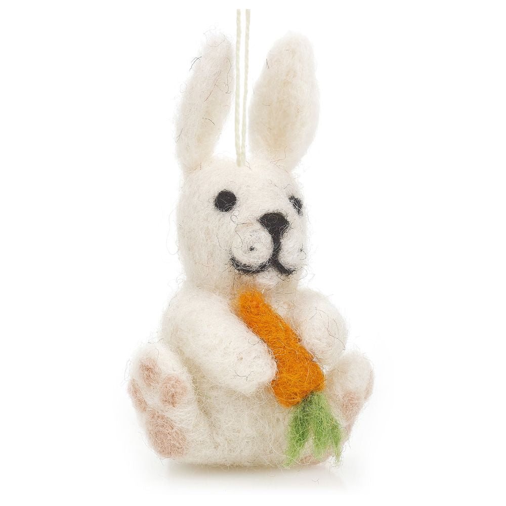 9.5cm Hand Felted Rabbit with Carrot | Hanging Easter Tree Decoration