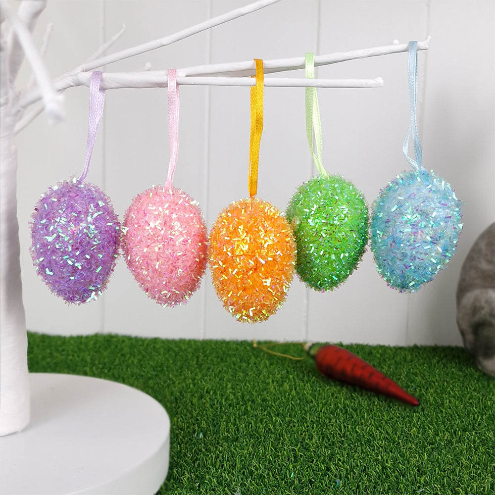 5 Pack 6cm Iridescent Pastel Tinsel Egg Shapes for Easter Tree Decoration