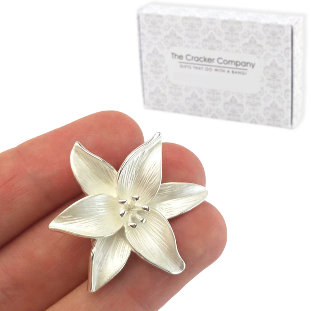 Lily Flower Brooch | Pearlescent White | 3.8cm Wide | Mini Gift | Cracker Filler