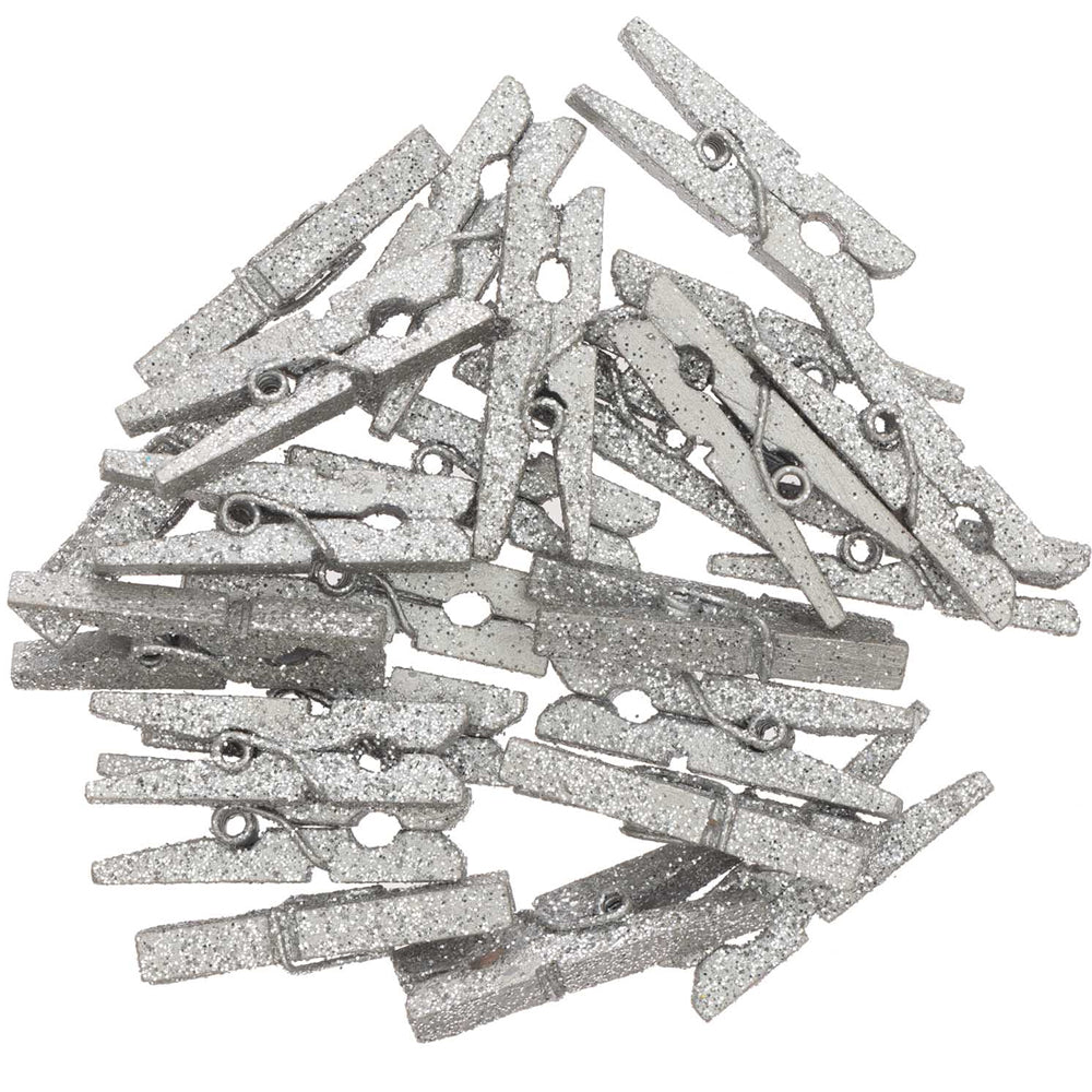 24 Mini 3cm Silver Glittered Wooden Clothes Mini Pegs | Wooden Shapes for Crafts