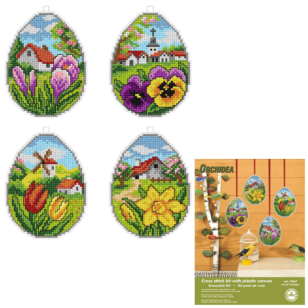 Hanging Springtime Flowers | Easter Eggs | Set of 4 | Cross Stitch Kit