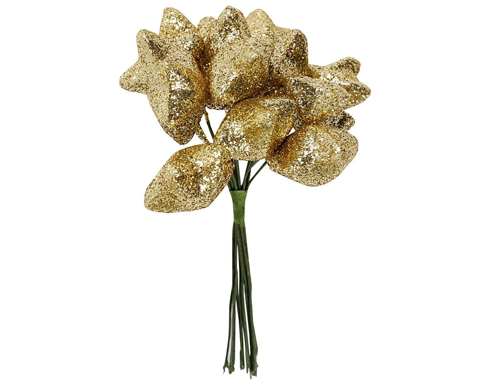 12 Wired Gold Glitter Stars for Christmas Wreaths & Floristry