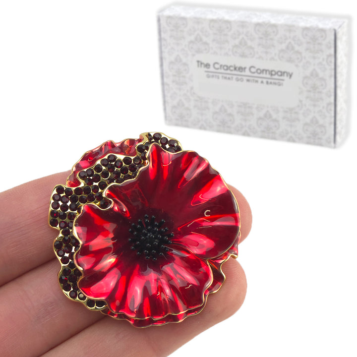 Poppy with Siam Rhinestones | Gold Plated Brooch | Little Gift | Cracker Filler