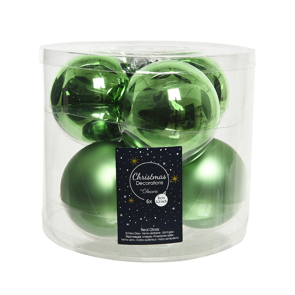 6Pk 8cm Mistletoe Green Glass Christmas Tree Bauble Decorations