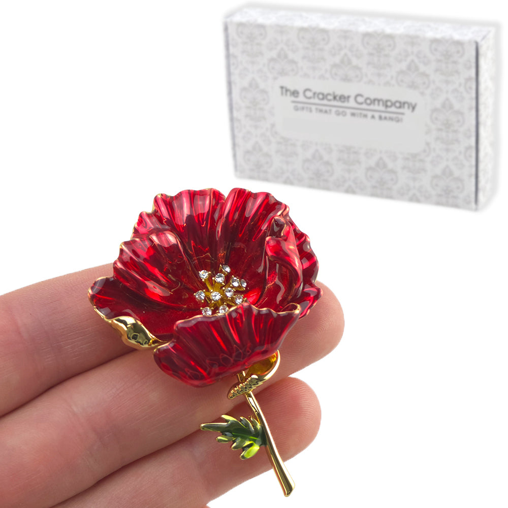 Poppy with Crystal Rhinestones | Gold Plated Brooch | Little Cracker Filler Gift