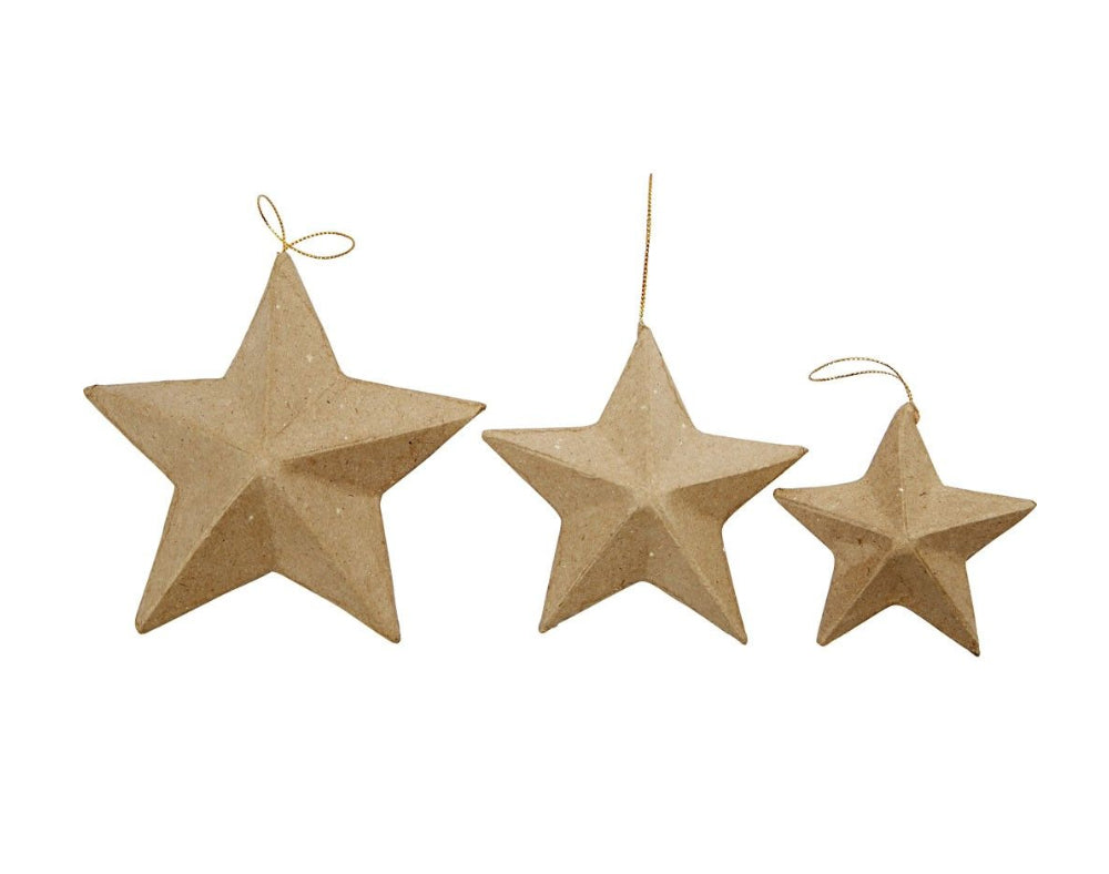6 Assorted Paper Mache Star Christmas Bauble Ornaments - 7.5cm, 10cm & 12.5cm