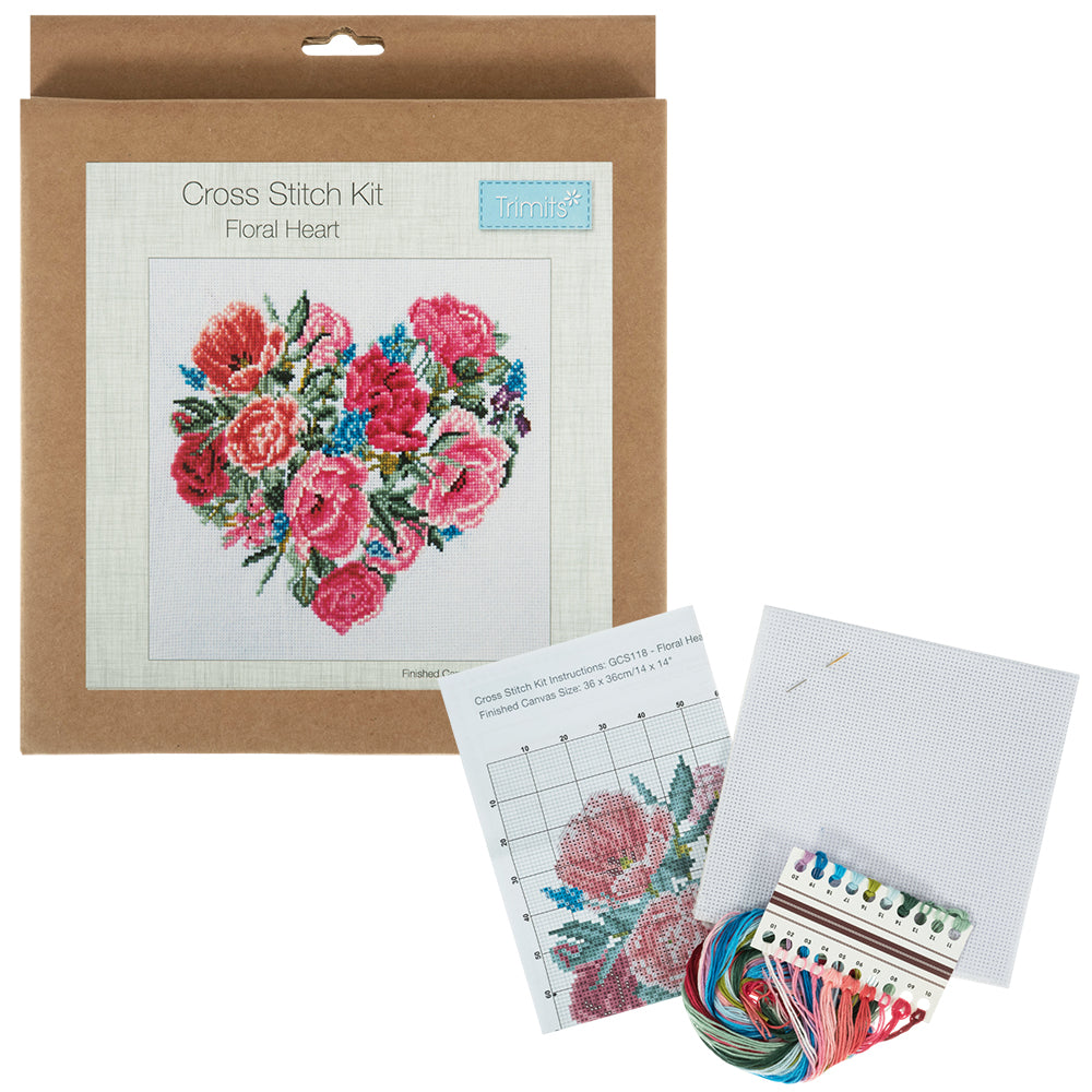 Pretty Floral Heart | Complete Cross Stitch Kit | 28x28cm