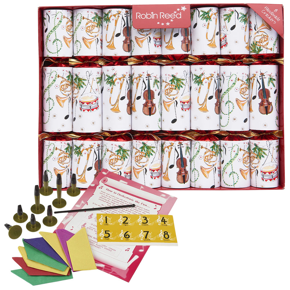 8 Medium Christmas Musical Crackers | With Whistles & Music Sheets | Ready Made