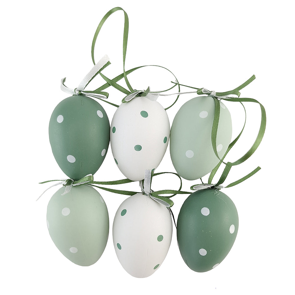 6 Green & White Spotty Dotty Hanging Eggs | Easter Tree Decorations | Gisela Graham