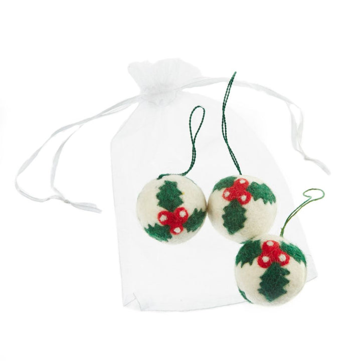 5cm Felt Holly Christmas Baubles - 3 Pack - Hanging Decoration | Fairtrade Felt