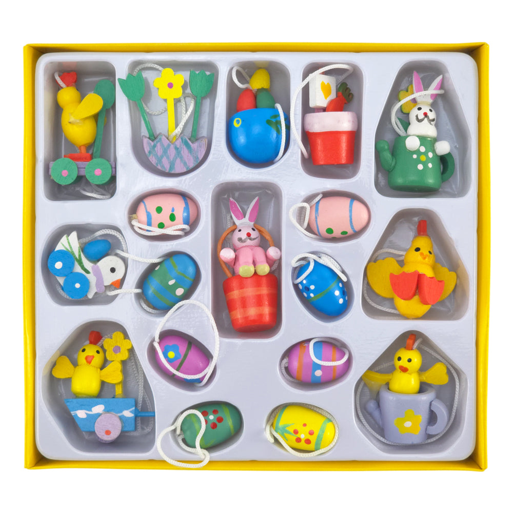 Cute Mini Wooden Easter Tree Ornaments | Set of 18 | 3cm Tall | Gisela Graham