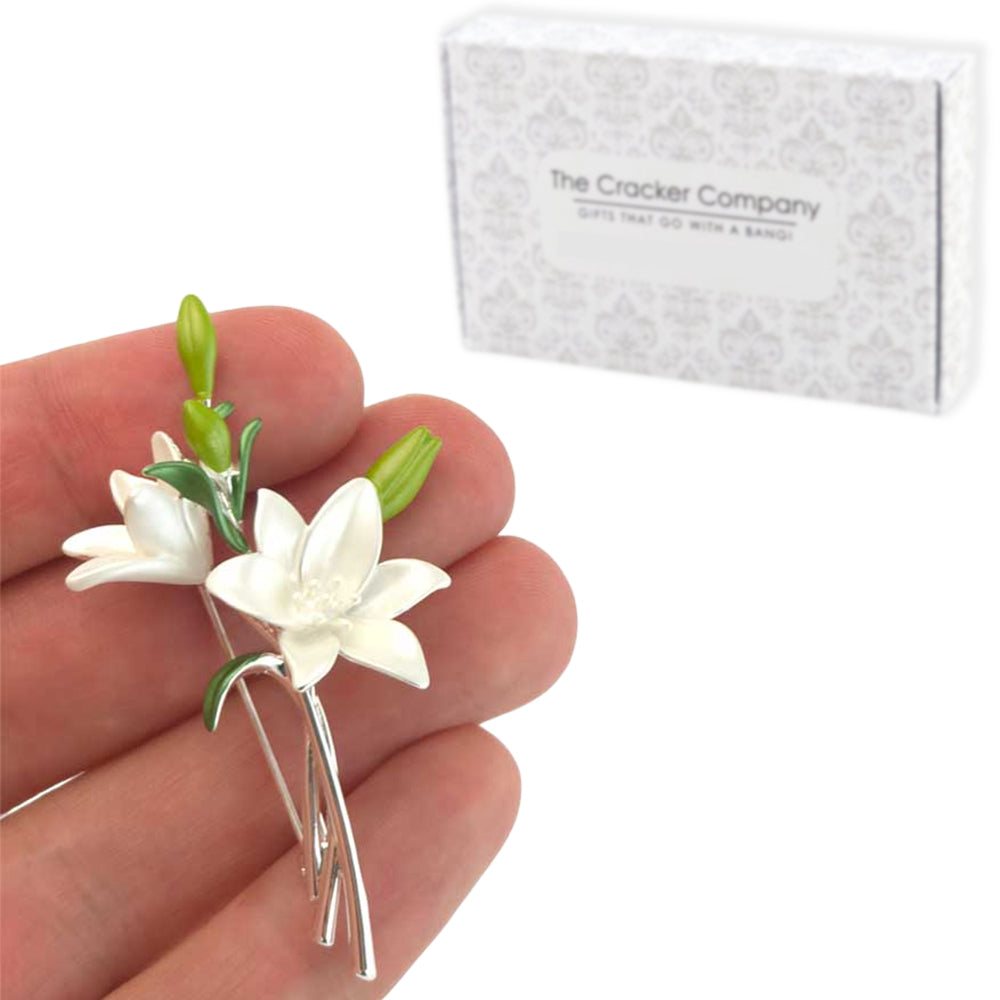 Lily Spray Brooch | Pearlescent White | 6.5cm Long | Mini Gift | Cracker Filler