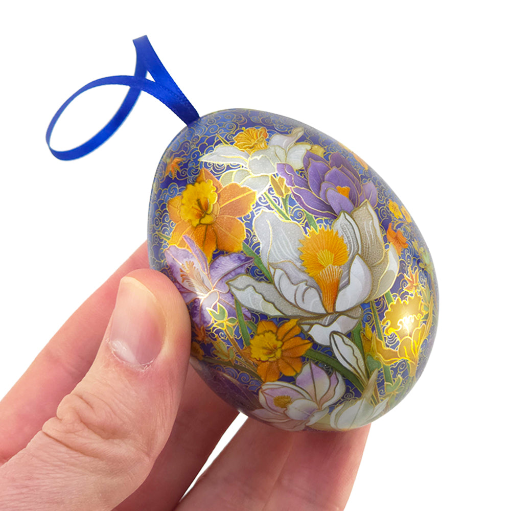 Cloisonne Spring Flowers | Two Part Hanging Easter Egg | Fillable Tin | 7cm Tall