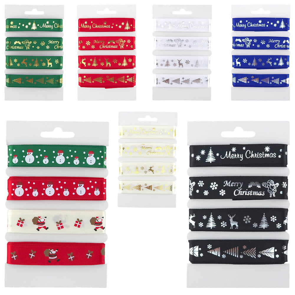 Christmas Ribbon Set | 15mm Wide | 4 Designs, Each 2m Long