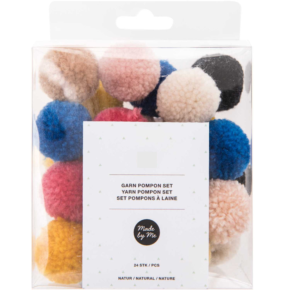 24 Assorted Colour 3cm Yarn Craft Pom Poms - Natural Mix