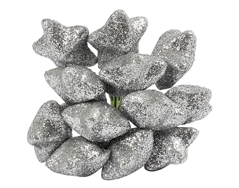 12 Wired Silver Glitter Stars for Christmas Wreaths & Floristry