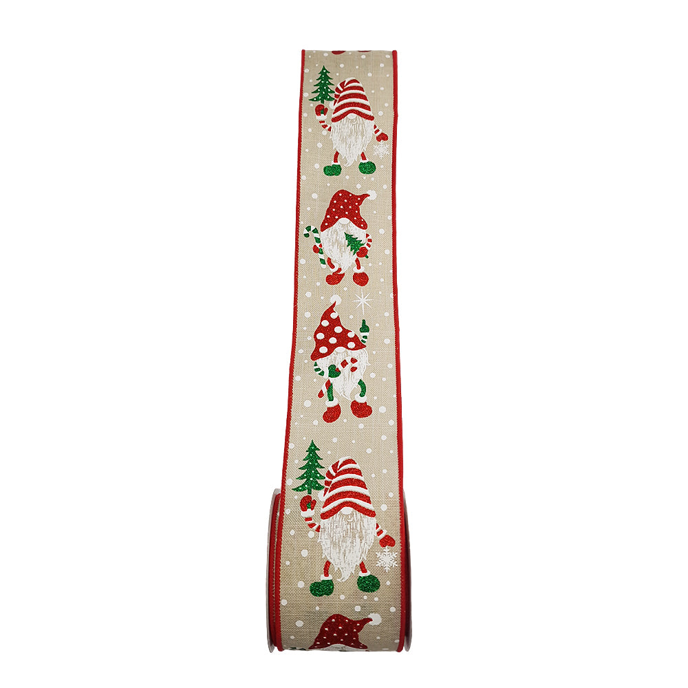 Natural Ribbon with Christmas Gonk Design | Wire Edged | 63mm Wide | 5m Long