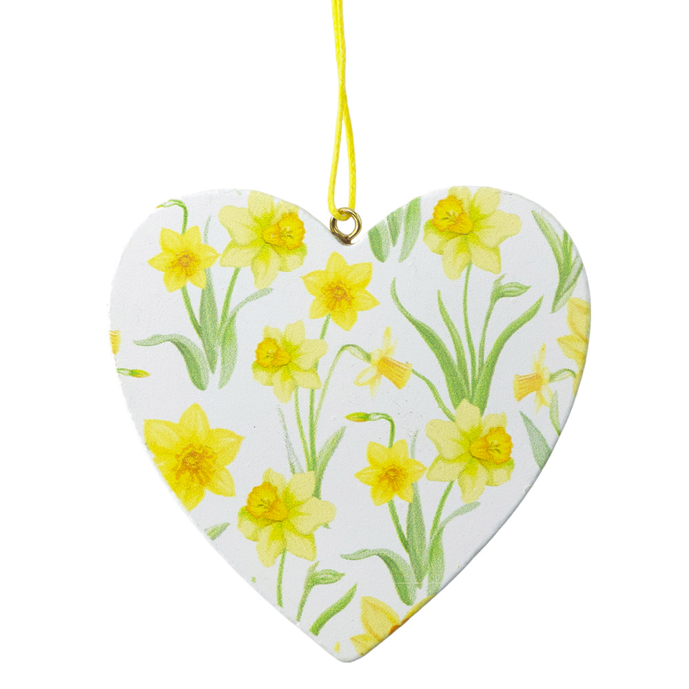White | Spring Daffodils | Wooden Hanging Heart | Easter Decoration