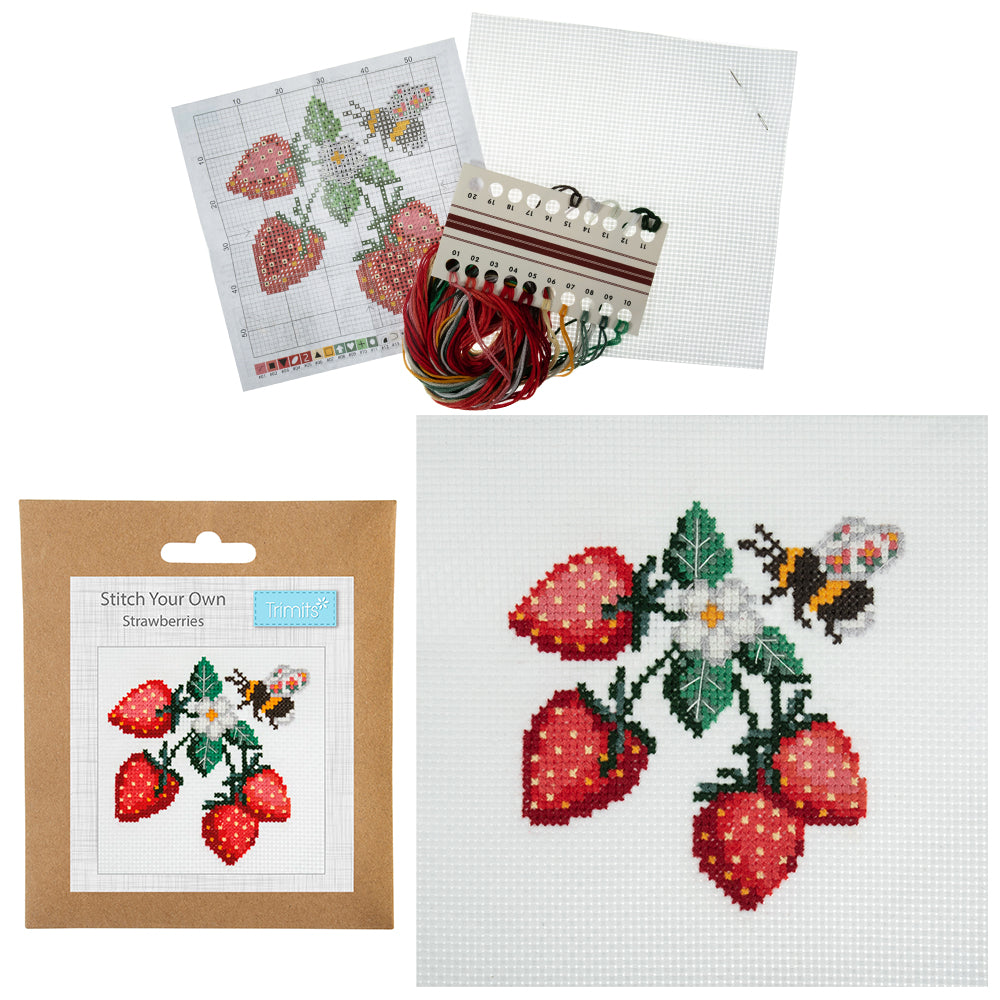Strawberry & Bee | Small Cross Stitch | Complete Kit | 13cm