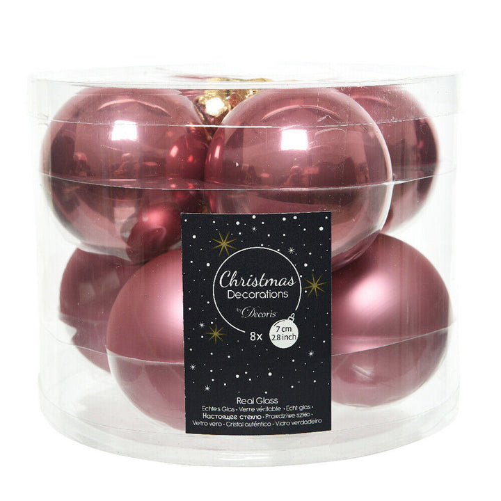 8 7cm Velvet Pink Glass Christmas Tree Bauble Decorations