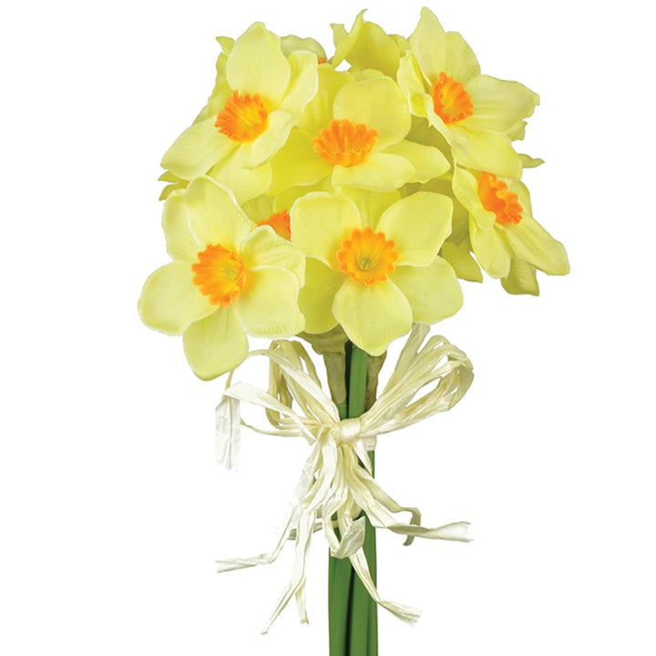 7 Mini Yellow &amp; Orange Centred Fabric Daffodils Bunch - Artificial Silk Faux Flowers