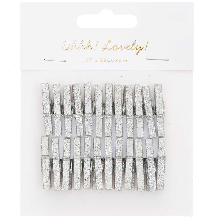 24 Mini 3cm Silver Glittered Wooden Clothes Mini Pegs | Wooden Shapes for Crafts