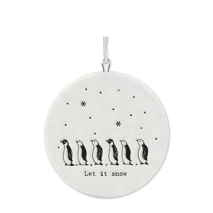 5.5cm Porcelain Disc Christmas Hanging Decoration |Let It Snow | Penguin Design