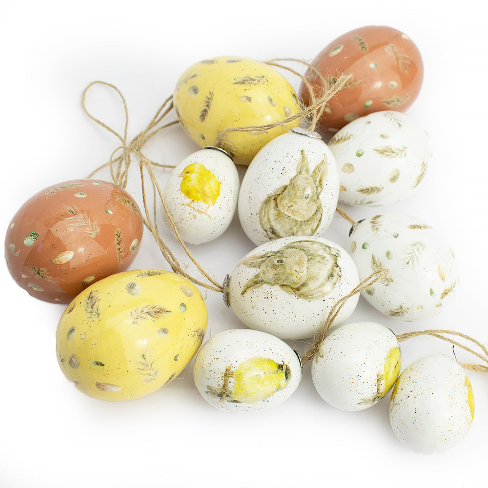 12 Pack Mixed Size Watercolour Style Bunny and Chick Hanging Eggs for Easter Trees