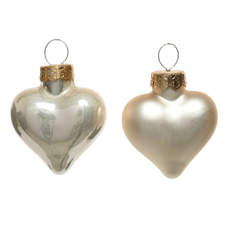 12 4cm Real Glass Heart Shaped Baubles | Pearl Ivory | Christmas Tree Decoration