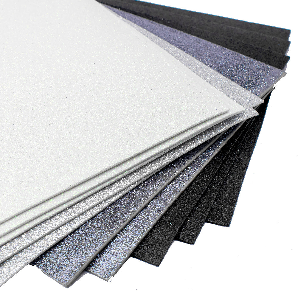 10 Assorted Sheets of A4 Black, White & Silver Glitter Craft Foam - 2mm Thick