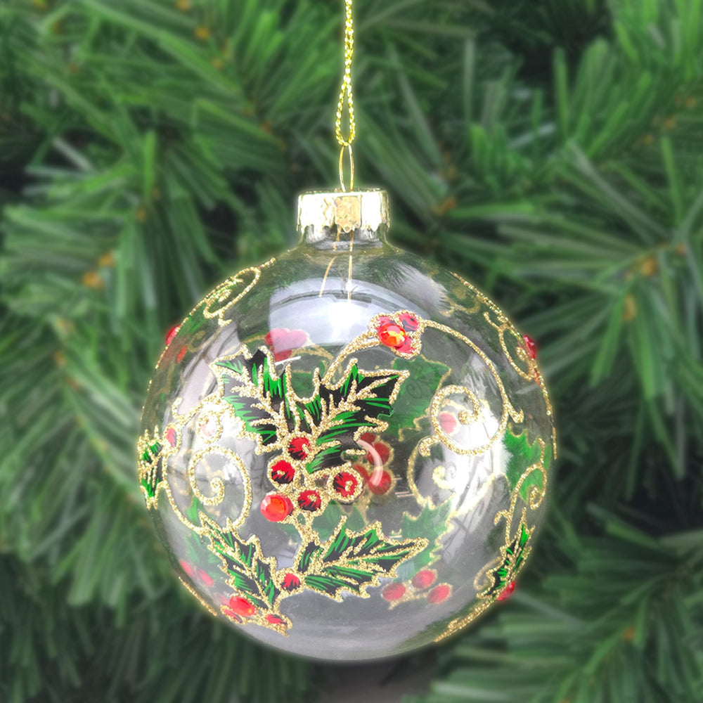 Holly Diamante & Glitter | Glass Christmas Tree Bauble | 8cm | Gisela Graham